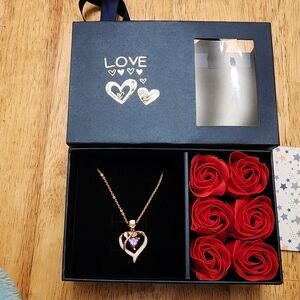 Rose Gold Over S925 Silver Heart Pendant Necklace with 18"Chain Purple Gemstone